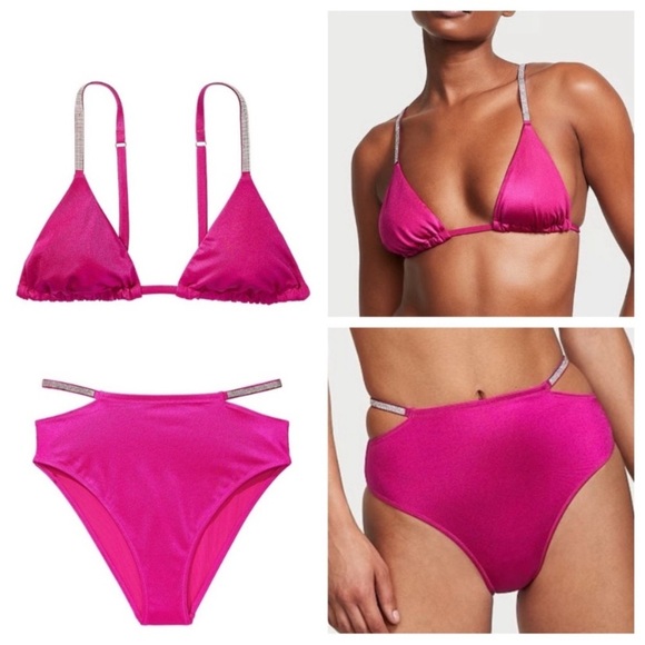 New! Set! Victoria's Secret Shine Strap Bikini Set Berry Blush Pink 45615 - Picture 1 of 16